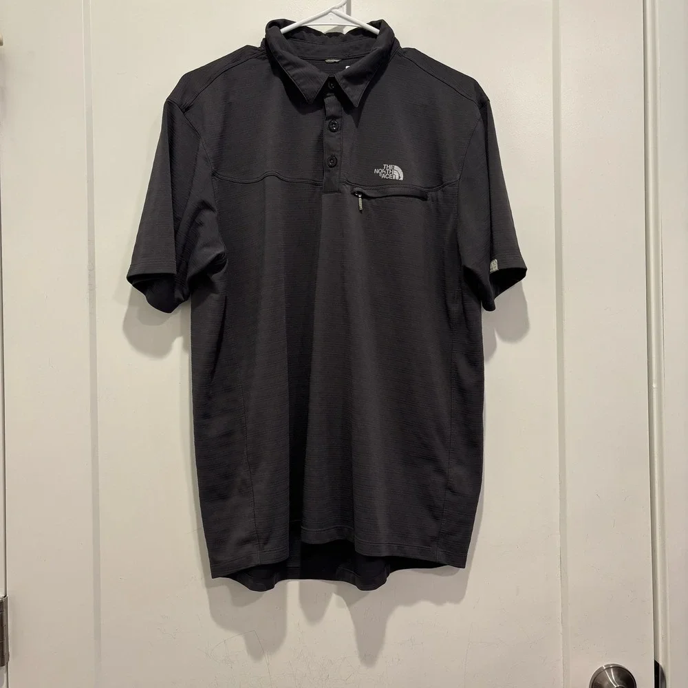 The North Face Mens Charcoal‎ Grey Textured Short Sleeve Polo Shirt Zip Pocket L
